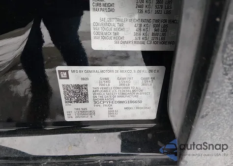 2021 Chevrolet Silverado 1500 4Wd Short Bed Lt Trail Boss z USA, uszkodzony, nr VIN 3GCPYFED9MG106650